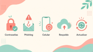 Cinco pilares: contraseñas, phishing, celular, respaldo y actualizar
