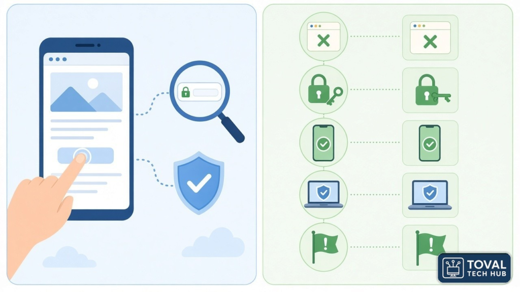 Ilustración en dos partes: a la izquierda, un dedo mantiene presionado un enlace en un celular junto a una lupa sobre una barra de dirección y un escudo con marca de verificación; a la derecha, una columna de iconos con los pasos si ya lo abriste: cerrar la página, cambiar la contraseña, verificación en dos pasos, antivirus en la computadora y reportar