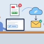 Ilustración de Andrés en su laptop: el archivo pesado no sale como adjunto, así que lo sube a la nube y envía por correo un vínculo con permiso de solo ver