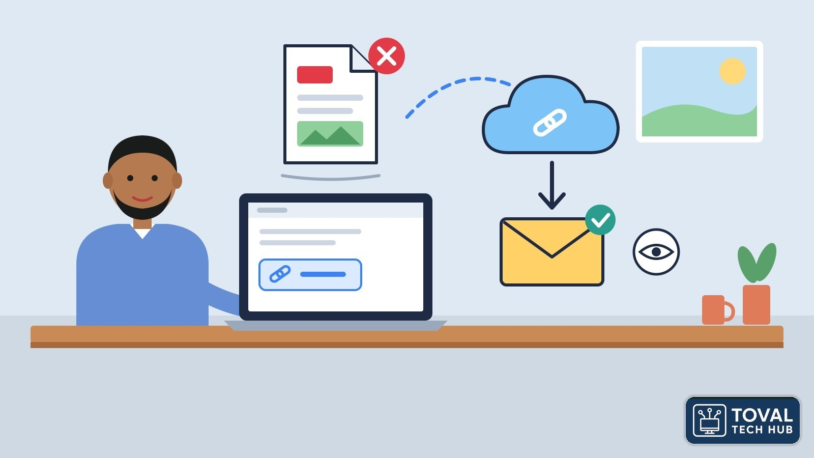 Ilustración de Andrés en su laptop: el archivo pesado no sale como adjunto, así que lo sube a la nube y envía por correo un vínculo con permiso de solo ver