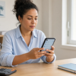 Asistente administrativa revisa con calma la configuración de su celular en una oficina de contabilidad pequeña