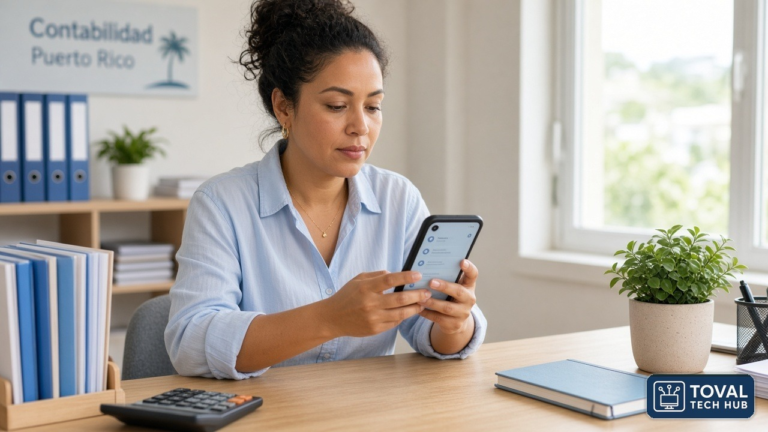 Asistente administrativa revisa con calma la configuración de su celular en una oficina de contabilidad pequeña