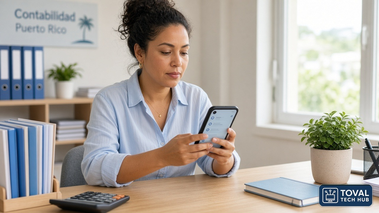 Asistente administrativa revisa con calma la configuración de su celular en una oficina de contabilidad pequeña