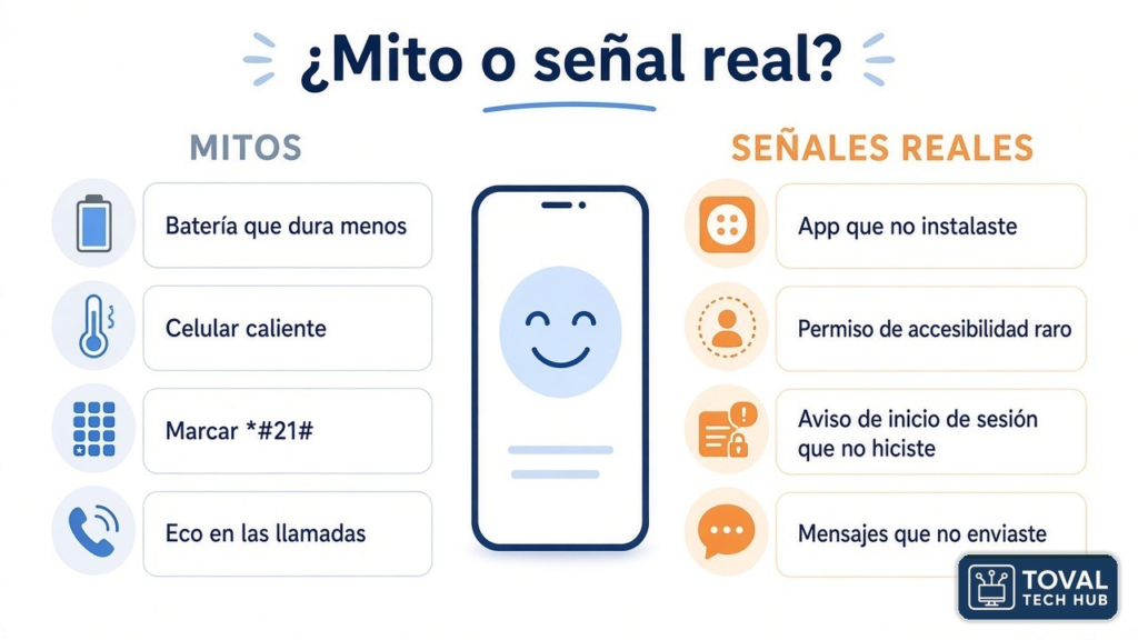 Infografía de mitos y señales reales de un celular hackeado: la batería, el calor, el código *#21# y el eco son mitos; una app que no instalaste, un permiso de accesibilidad raro, un aviso de inicio de sesión que no hiciste y mensajes que no enviaste son señales reales