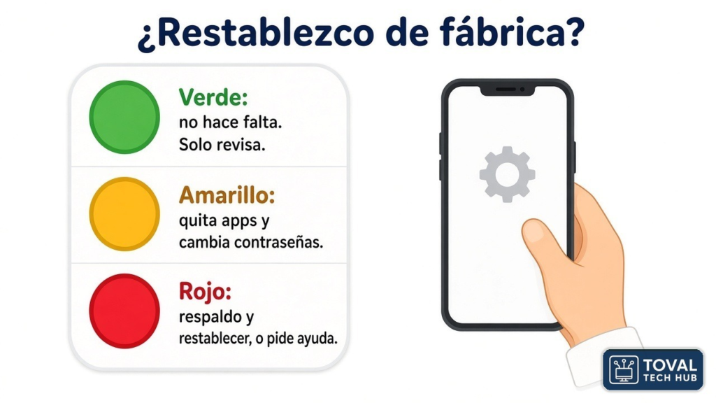 Semáforo para decidir si restablecer de fábrica el celular: verde, solo revisa; amarillo, quita apps y cambia contraseñas; rojo, haz un respaldo y restablece, o pide ayuda