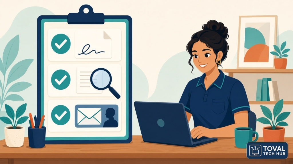 Ilustración de Glorimar sonriendo frente a su laptop junto a una lista con tres marcas de verificación: un documento firmado, una lupa sobre una página y un sobre dirigido a una sola persona