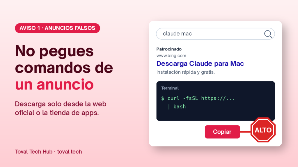 Resultado de búsqueda patrocinado con una señal de alto sobre el botón Copiar: no pegues comandos de páginas de descarga.