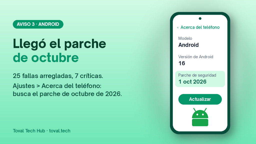 Celular Android abierto en Ajustes > Acerca del teléfono, con la fecha del parche de seguridad de octubre de 2026.