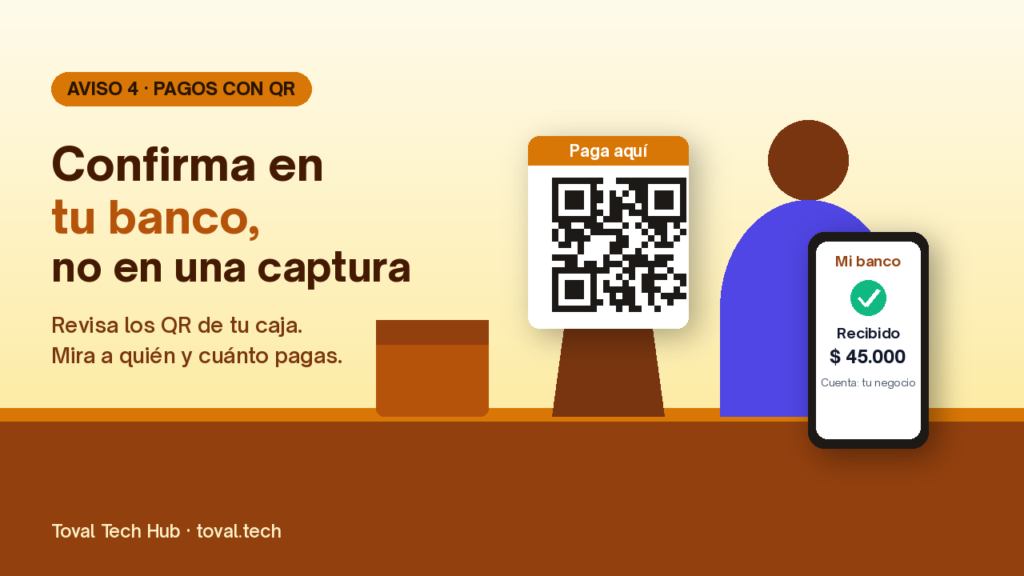Mostrador de un negocio con un código QR de pago y una persona revisando la app de su banco antes de entregar el pedido.