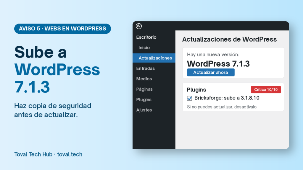 Escritorio de WordPress en Escritorio > Actualizaciones, con el botón Actualizar ahora y la versión 7.1.3.