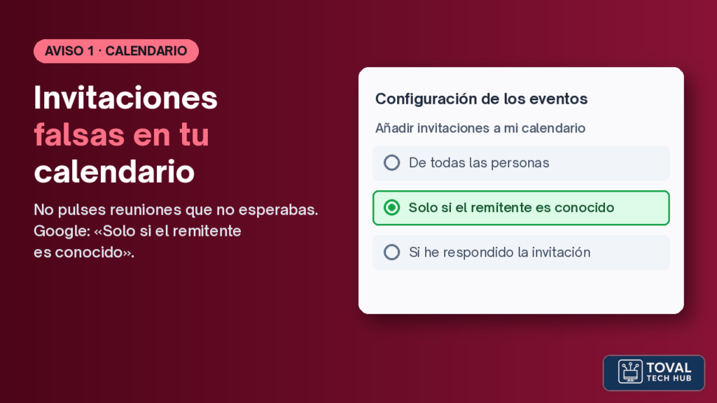 Pantalla de configuración de Google Calendar en la opción Añadir invitaciones a mi calendario, con Solo si el remitente es conocido seleccionado.