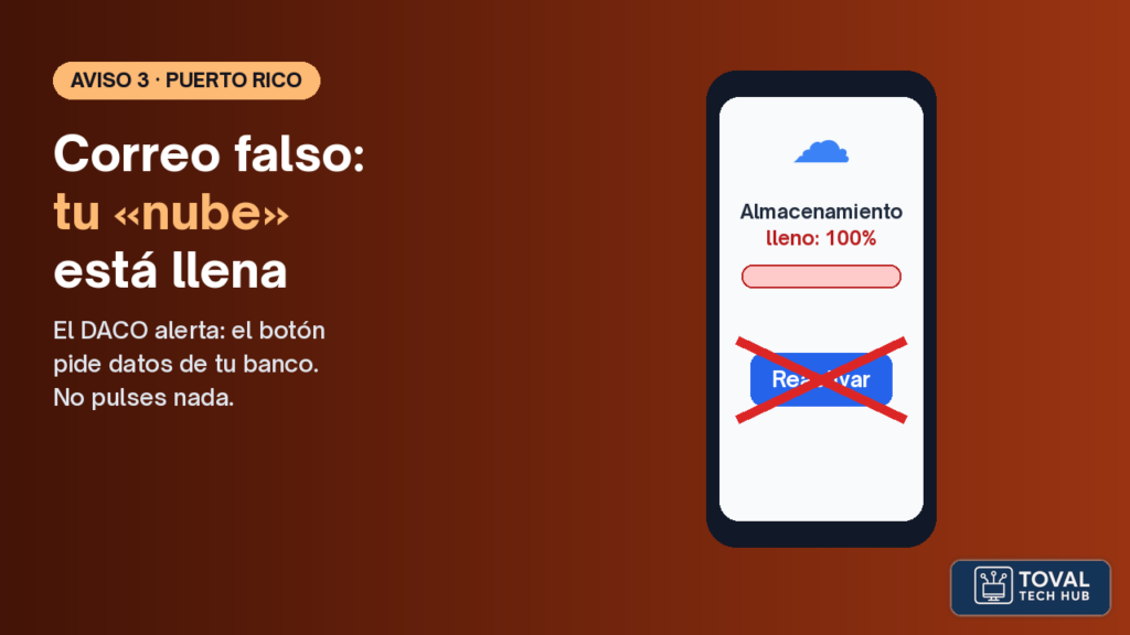 Correo en un celular que dice que el almacenamiento en la nube está lleno, con un botón de reactivar tachado.