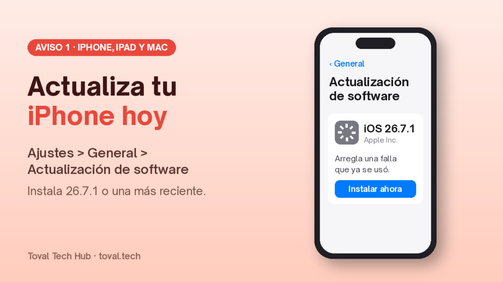 iPhone abierto en Ajustes > General > Actualización de software, con iOS 26.7.1 listo para instalar.