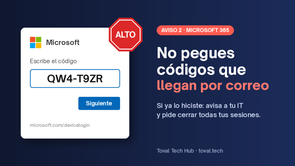 Pantalla de inicio de sesión de Microsoft con un código corto y una señal de alto: no pegues códigos de correos que no esperabas.
