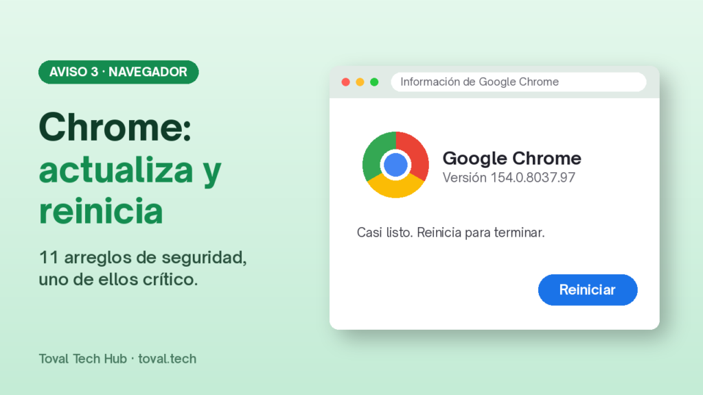 Ventana de Chrome abierta en Información de Google Chrome, con el botón Reiniciar para terminar de actualizar.