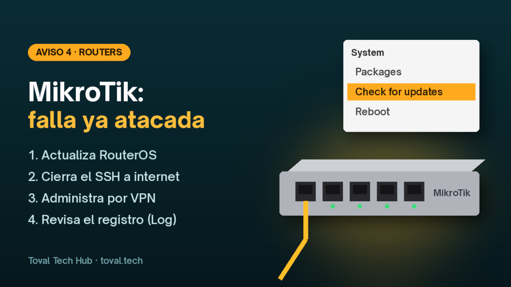 Router MikroTik de oficina con cable de red y el menú Check for updates en pantalla.