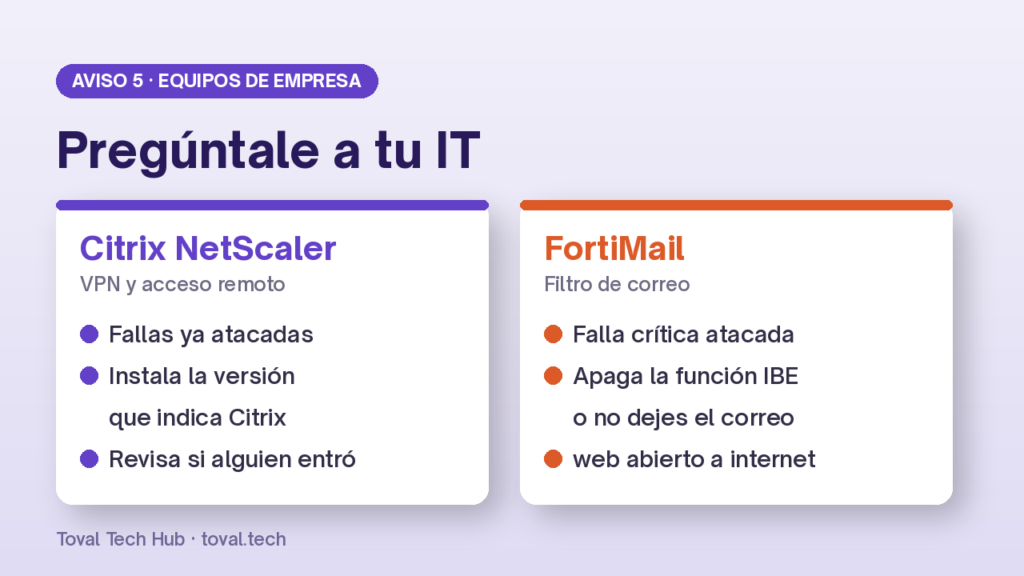 Infografía «Pregúntale a tu IT» con los pasos para Citrix NetScaler y FortiMail.