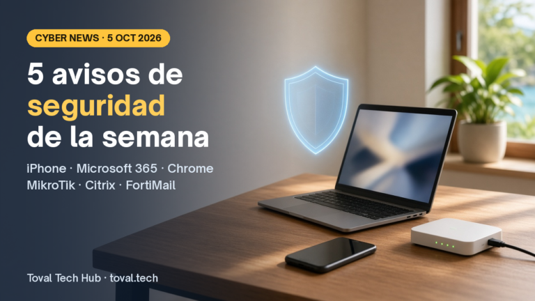 Escritorio de oficina pequeña con laptop, iPhone y router, y un icono de escudo.