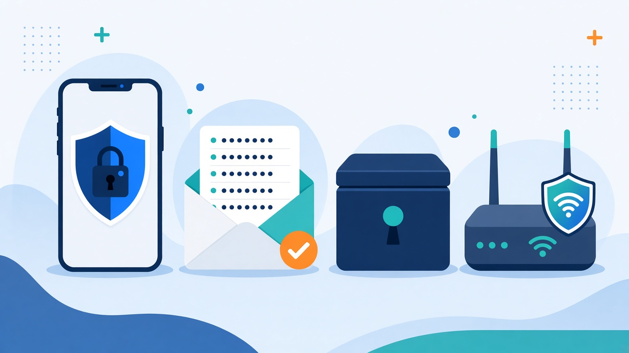 Celular con escudo y candado, sobre con códigos de respaldo, caja fuerte de contraseñas y router wifi protegido