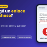Portada del artículo: un celular con un SMS falso de paquete retenido y un enlace sospechoso, junto al título «¿Te llegó un enlace sospechoso?» y tres consejos: mira el dominio, revísalo sin abrir y actúa con calma