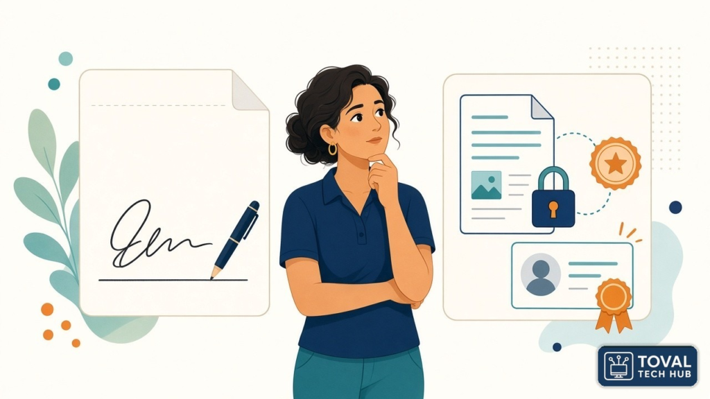 Ilustración de una dueña de negocio entre dos tarjetas: a la izquierda, una firma a mano con bolígrafo sobre un documento; a la derecha, un documento con candado, sello y una tarjeta de identidad, que representa la firma digital con certificado