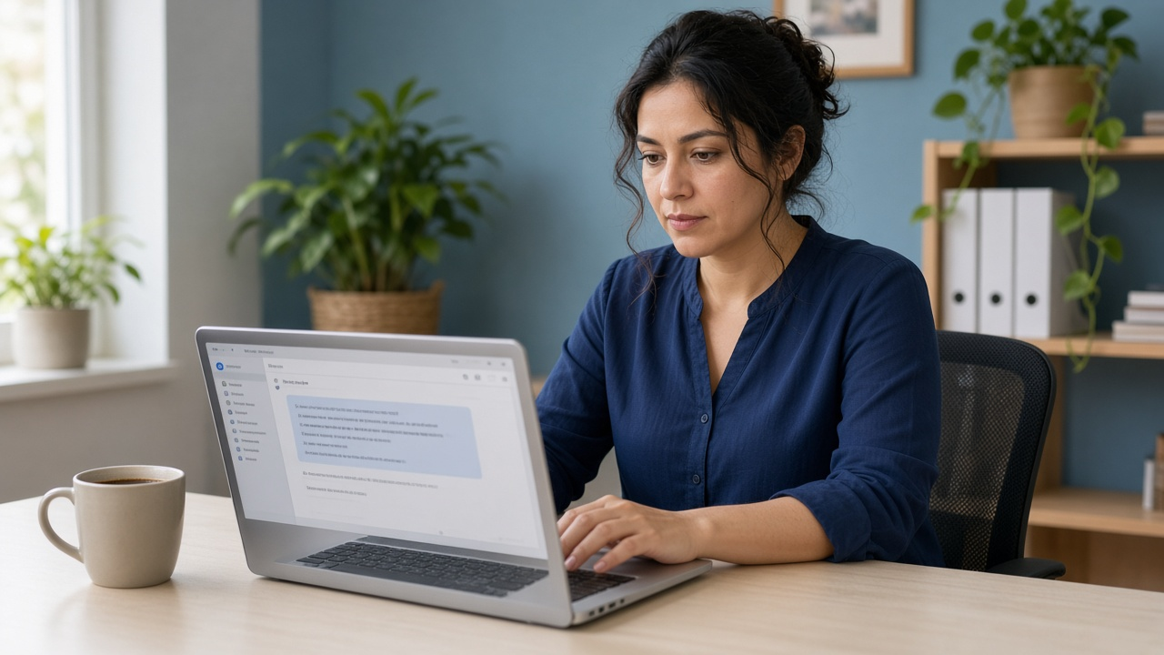 Empleada de oficina usa un asistente de inteligencia artificial en su laptop para redactar un correo