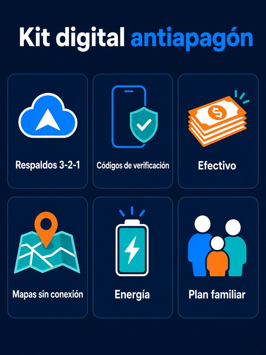 Infografía «Kit digital antiapagón» con seis claves: respaldos 3-2-1, códigos de verificación, efectivo, mapas sin conexión, energía y plan familiar