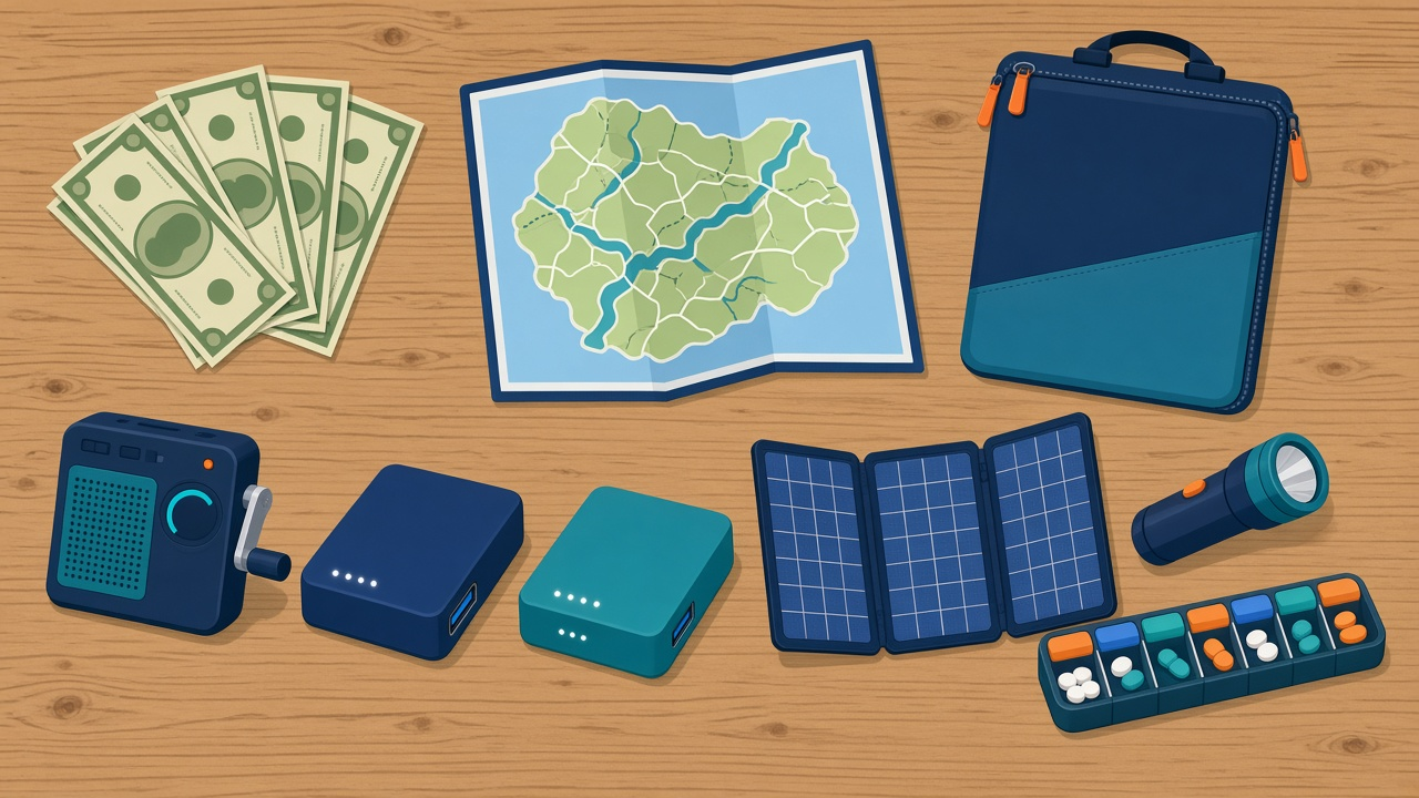 Kit para vivir sin internet: efectivo en billetes pequeños, mapa de papel, carpeta impermeable, radio de manivela, power banks, cargador solar, linterna y pastillero