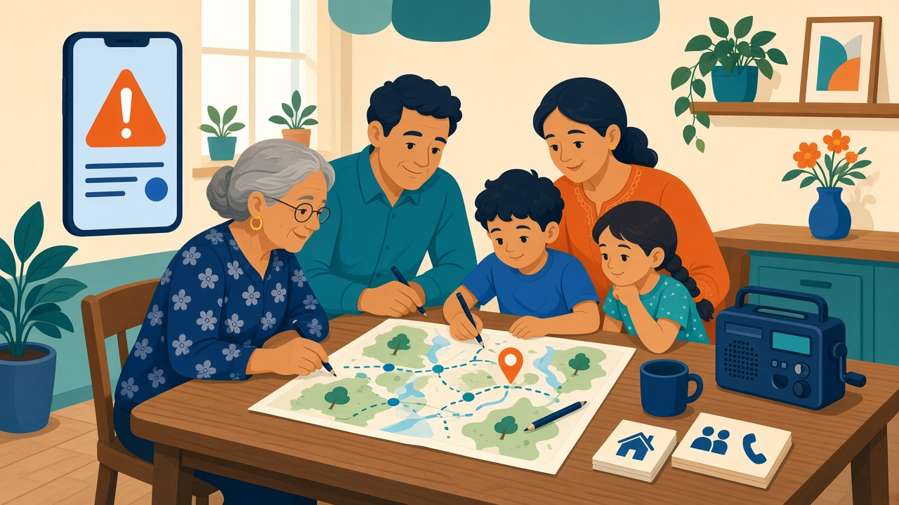 Abuela, padres y niños preparan juntos un plan familiar sobre un mapa con punto de encuentro, junto a un radio de baterías y un aviso de estafa en el celular