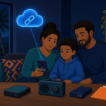 Familia puertorriqueña tranquila en casa durante un apagón de internet, con disco externo, radio de baterías, power bank y carpeta de documentos sobre la mesa