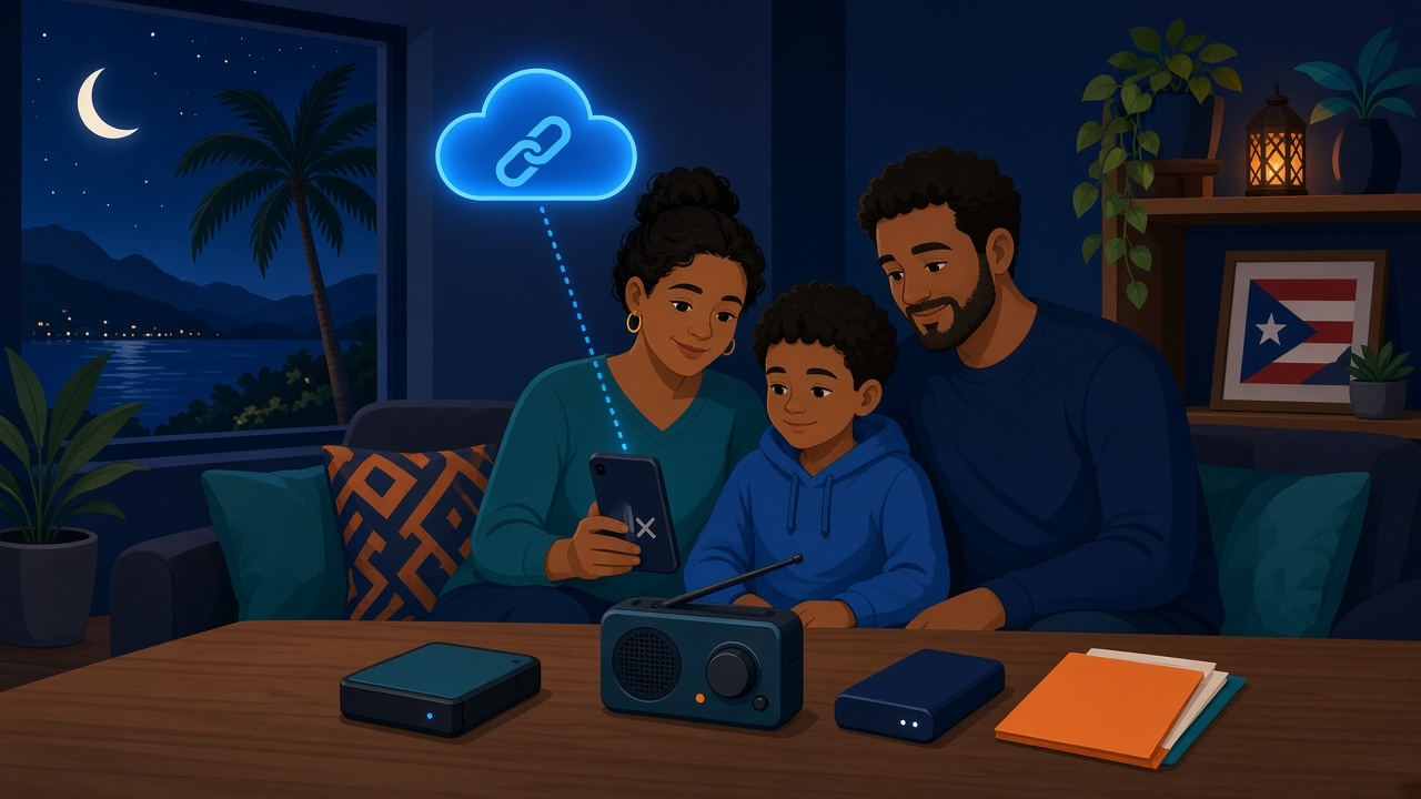 Familia puertorriqueña tranquila en casa durante un apagón de internet, con disco externo, radio de baterías, power bank y carpeta de documentos sobre la mesa