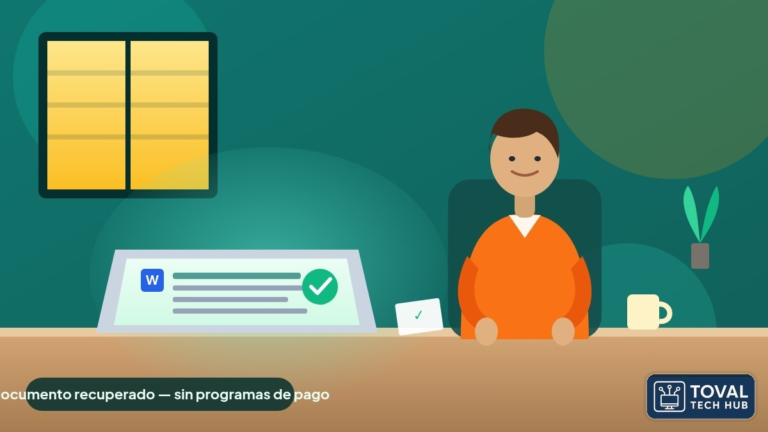 Secretaria en una oficina recupera un documento de Word en su laptop; check verde de documento recuperado sin programas de pago