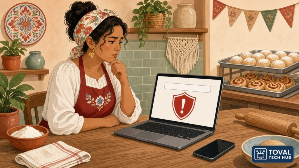 Ilustración de una repostera en la mesa de su cocina frente a la laptop, con un cuadro de búsqueda en blanco y un escudo rojo de advertencia en la pantalla, y su celular al lado