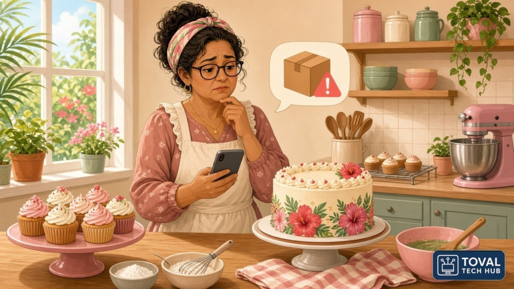 Ilustración de una repostera en su cocina, rodeada de bizcochos y cupcakes, mirando su celular con duda junto a un globo de mensaje con una caja y un triángulo de advertencia