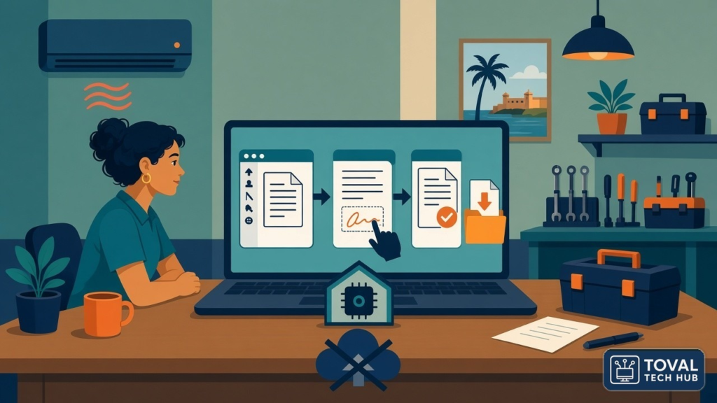 Ilustración de Glorimar en su taller de aires acondicionados frente a la laptop, con tres pasos en la pantalla: abrir el PDF, colocar la firma y guardarlo como un PDF nuevo en una carpeta; abajo, una casita protege la computadora y una nube tachada indica que el archivo no se sube a internet
