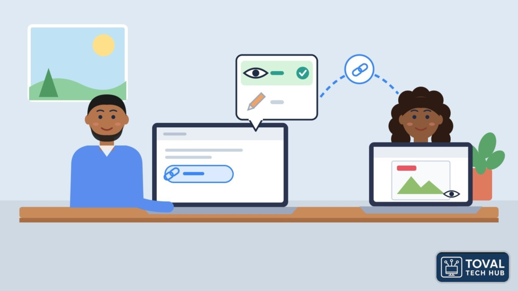Ilustración de Andrés enviando desde su laptop un vínculo con permiso de solo ver, marcado con un ojo, a una clienta que abre el PDF en su propia laptop