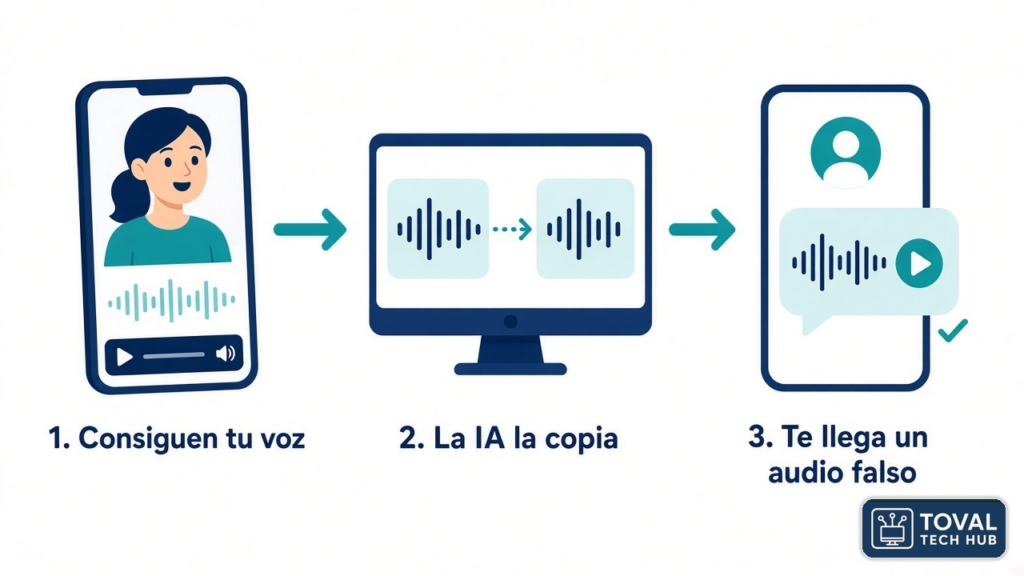 Infografía de cómo funciona una estafa con voz clonada: consiguen tu voz, la inteligencia artificial la copia y te llega un audio falso