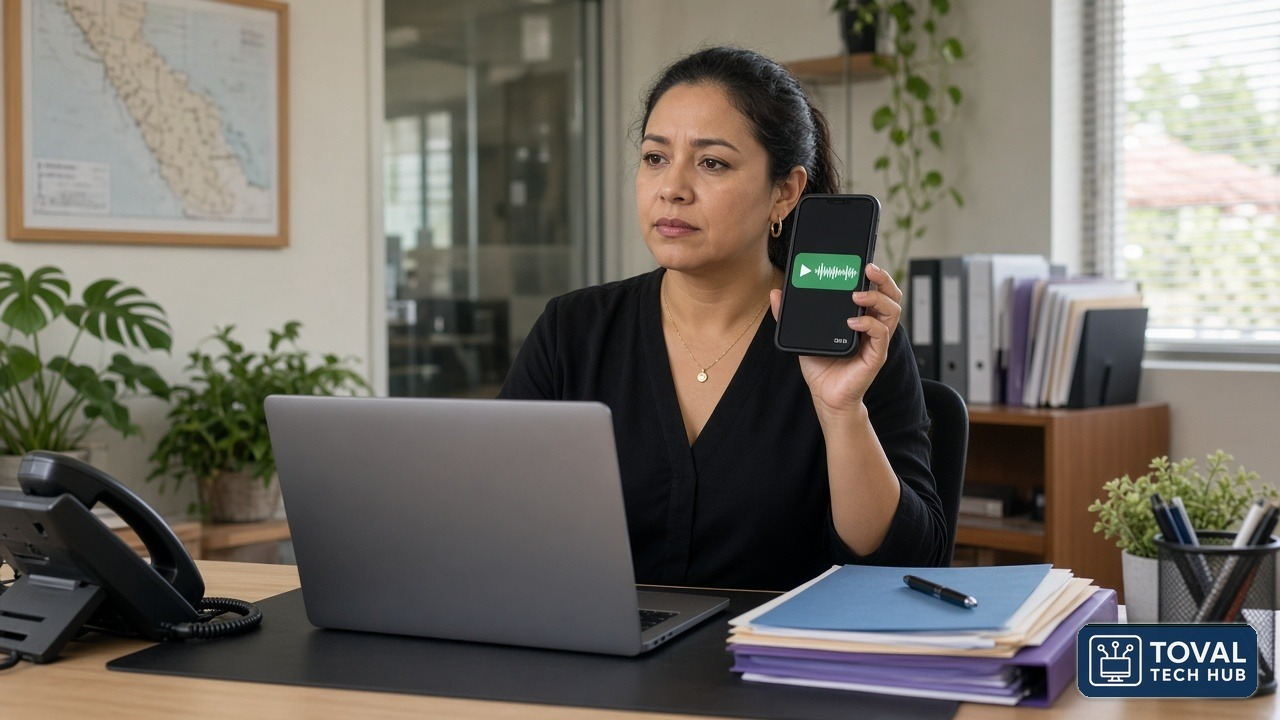 Secretaria de una oficina pequeña escucha con cautela un audio de WhatsApp en su celular